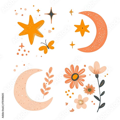 Abstract minimalist charming colorful moon and stars and flowers clipart. Great as vector, icons, decor, for poster design. Inspiration vibes.