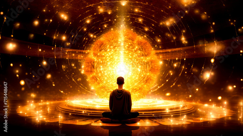 Man sitting in lotus position in front of golden ball of energy.