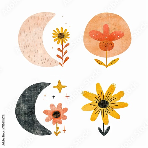 Abstract minimalist charming colorful moon and stars and flowers clipart. Great as vector, icons, decor, for poster design. Inspiration vibes.