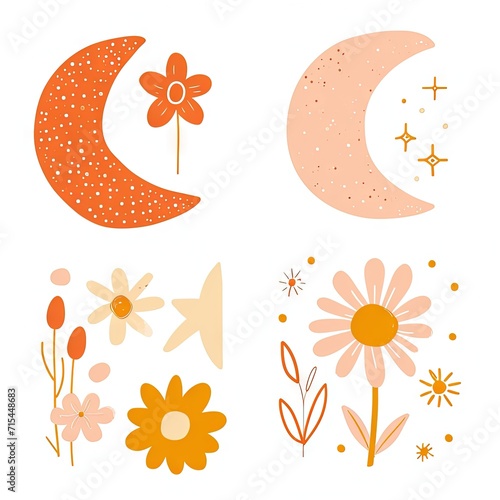 Abstract minimalist charming colorful moon and stars and flowers clipart. Great as vector, icons, decor, for poster design. Inspiration vibes.