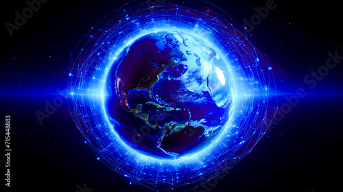 The earth is surrounded by network of blue lines and dots on dark background.