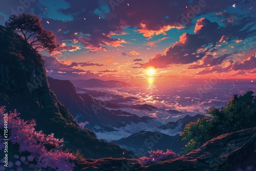 a paradise inspired anime landscape at sunset