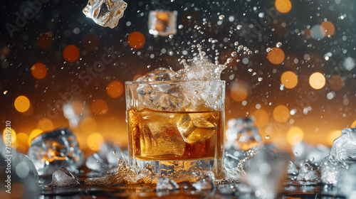 Dynamic shot of ice cubes falling in a glass. Cocktail with splashes and ice cubes.