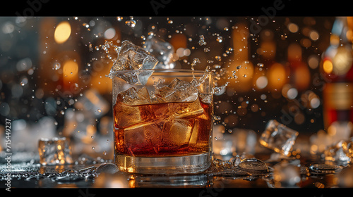 Dynamic shot of ice cubes falling in a glass. Cocktail with splashes and ice cubes.