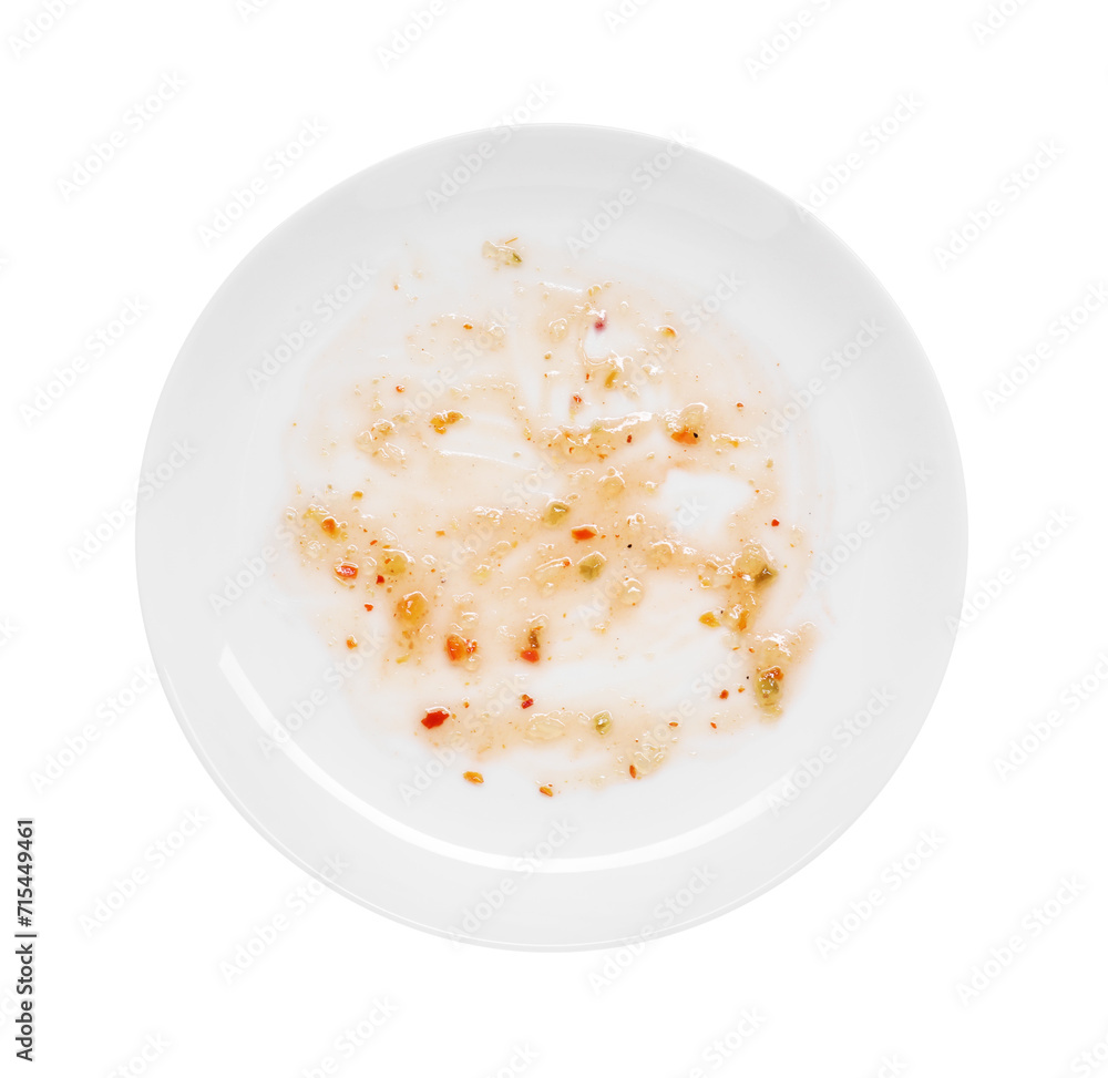 Dirty plate with smeared sauce on white background, top view Dirty plate with smeared sauce on white background, top view
