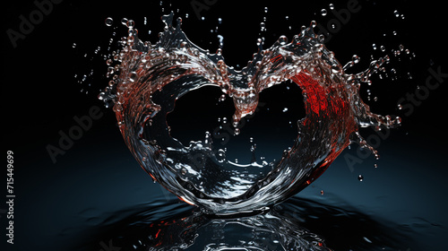 Splashes of water in the shape of a heart on a black background. 3d illustration