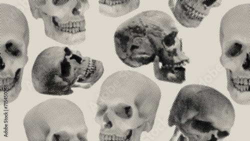 Seamless halftone human skulls, monochrome abstract graphic prepress or generic concepts. Halftone set with skulls dots. Seamless shape with dotted gradient. Seamless pattern Modern trendy vector.
