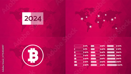 2024 year infographics, 5 to 100 percentage, Bitcoin icon, map pointers. Triangle background for landing page, web, template, sample, global presentation, business elements