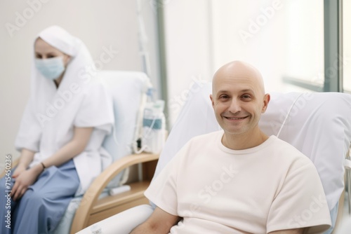 Man with cancer sitting in hospital during chemotherapy session