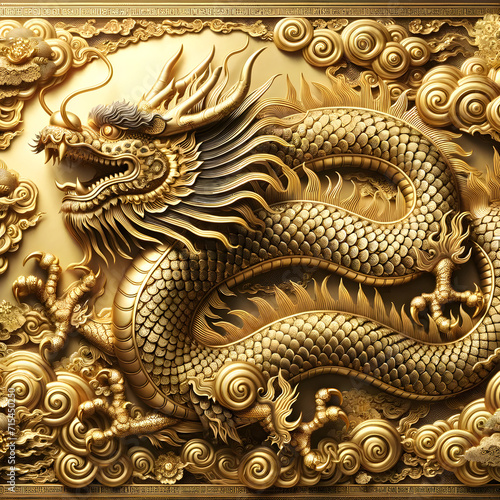 A Majestic and Intricate Chinese Dragon Elegance in Gold, with Traditional Chinese Art