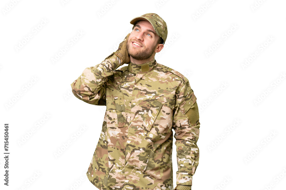 Military man over isolated chroma key background thinking an idea Military man over isolated chroma key background thinking an idea