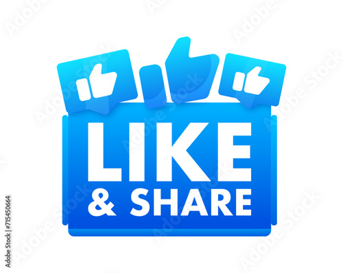 Bright blue vector graphic for social engagement with Like Share encouragement, featuring thumbs up icons for digital marketing and online