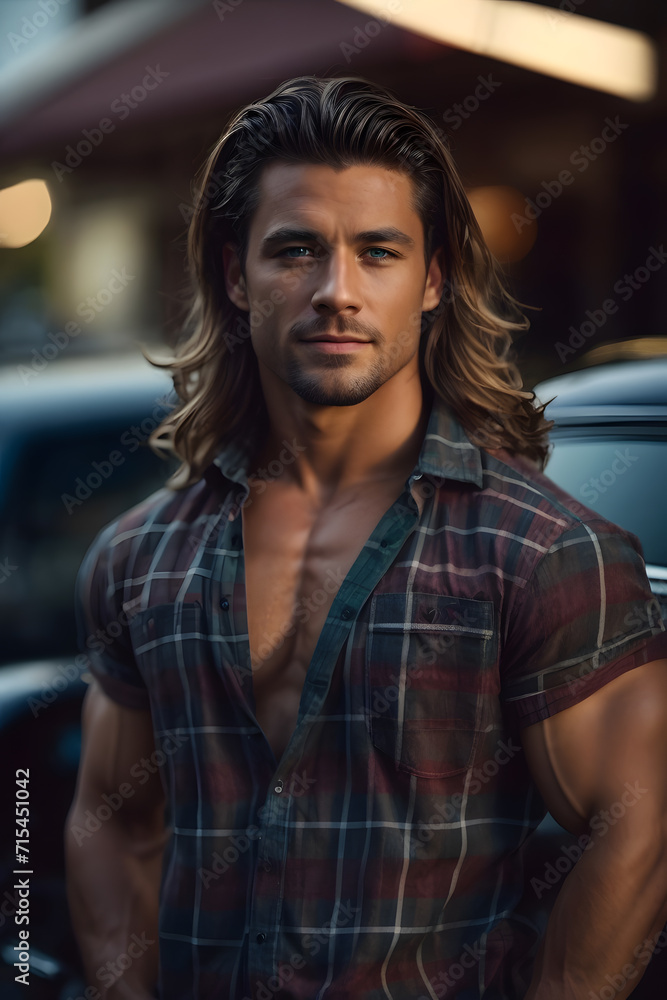 Fototapeta premium Man With Long Hair Standing Next to Car. Generative AI.