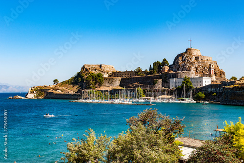 Greece, Ionian Islands, Corfu City, Marina in front of Old Fortress on Corfu island