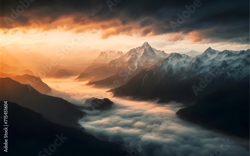 Mountain Sunrise: A breathtaking landscape of snow-capped peaks embraced by the warm hues of a morning sky, where the sun ascends over mist-covered valleys, casting a serene glow on the picturesque al