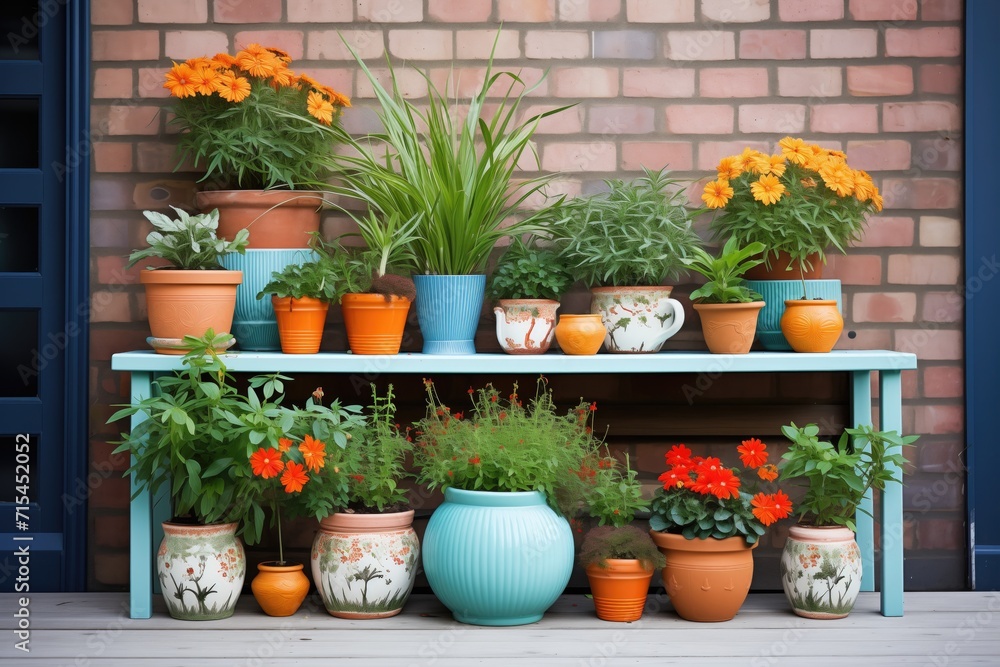 display of assorted plants in stylish terracotta pots - obrazy, fototapety, plakaty 