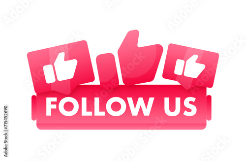 Bright red vector banner with FOLLOW US text and thumbs up icons, ideal for social media engagement and online community growth