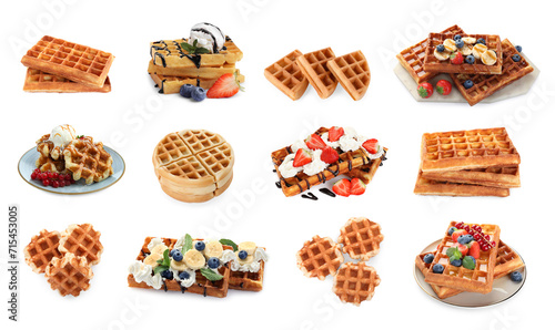 Tasty Belgian waffles isolated on white, collection photo