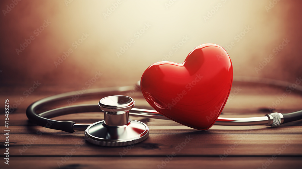 Stethoscope and red heart on wooden table. Cardiology concept Stethoscope and red heart on wooden table. Cardiology concept