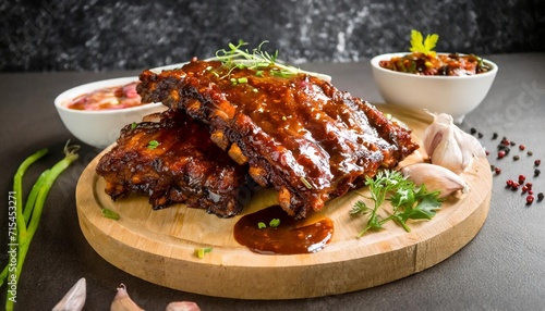 delicious barbeque pork ribs glazed with sticky spicy sauce on wood cutting board traditional american cuisine dish hearty comfort food