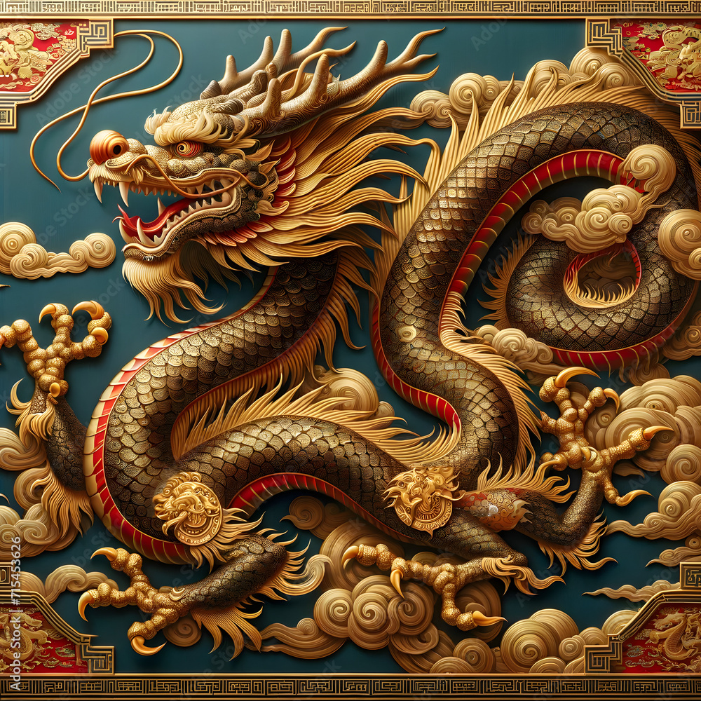 Obraz premium Regal Splendor Traditional Chinese Dragon in Opulent Gold and Red