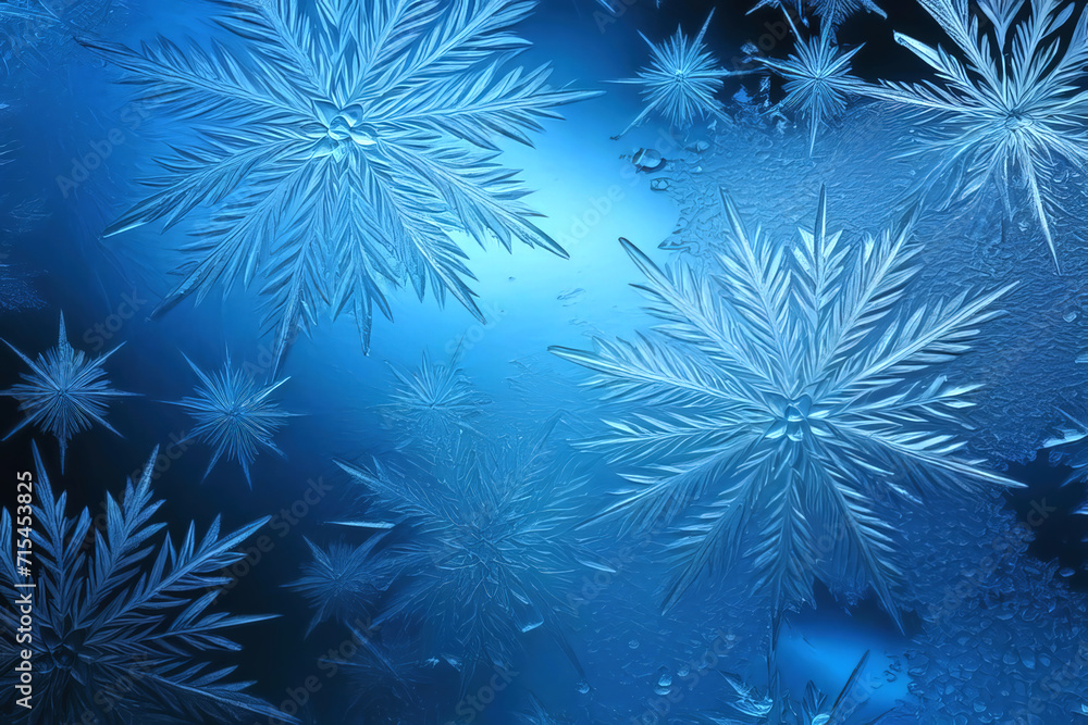 Fototapeta premium Background of Snowflakes, Stars Frozen Cool Ice Crystals like Beautiful Glass in Winter Christmas mood, deep Blue Gradient for Product Display Texture, fresh and wet water drops sparkle like Window 