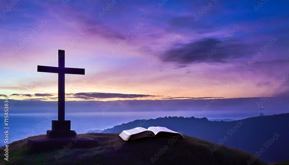 Silhouette of the Cross on a hill. Symbol of faith and hope