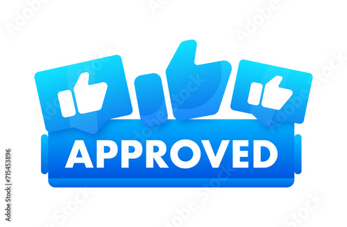 Vector illustration of a blue APPROVED banner with thumbs up icons symbolizing positive verification, acceptance, or endorsement
