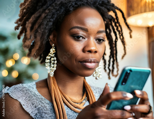 Young African Woman Using Smartphone in a Business Setting