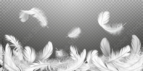 Feathers falling down on pile realistic vector illustration