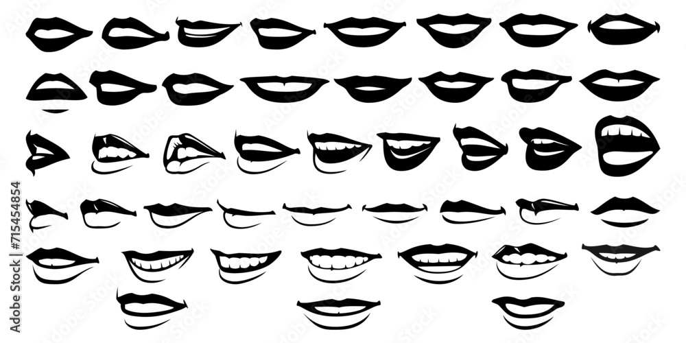 Woman Lips Silhouettes Set. For avatars, faces, portraits design. Back and white vector cliparts.