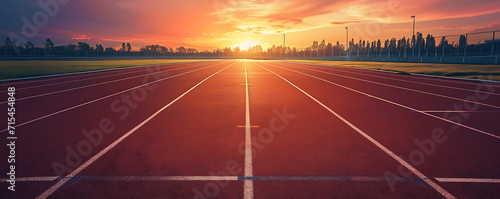 Running track field at sunset  in the style of photorealistic landscapes  modern  rounded  stylish  bright