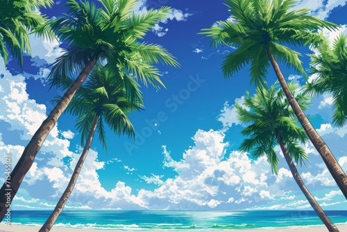 a lot of palms near the beach  anime manga style 3k anime background