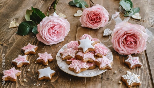 gingerbread cookies in the shape of stars pink merengue cookies and pink roses on a wooden brown natural table christmas and winter card delicious pastries close up valentiners day background