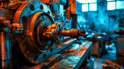 Industrial Workshop Machinery: A background showcasing metallic industrial equipment, steel work, and machinery in a vintage setting photo