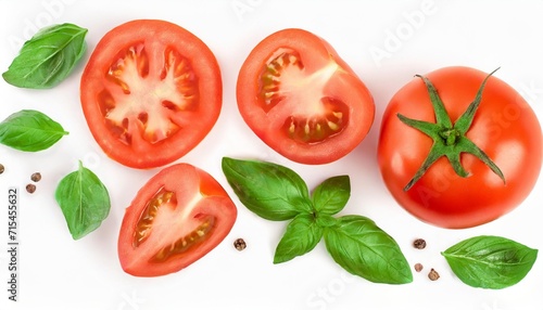 tomato slices with basil leaf isolated on white background top view with copy space for your text flat lay