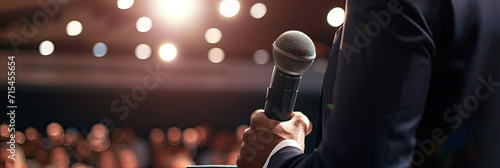 Professional Man Holding Microphone for Public Speaking Event