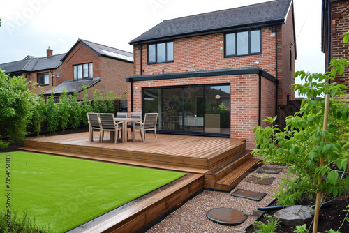 The exterior of a back garden patio area with wood decking, flowers garden © Kien