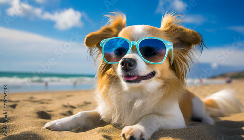 a dog wearing sunglasses on the beach