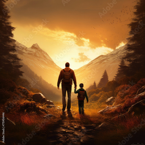 Man and Child Walking Through Forest, Exploring Natures Beauty Together