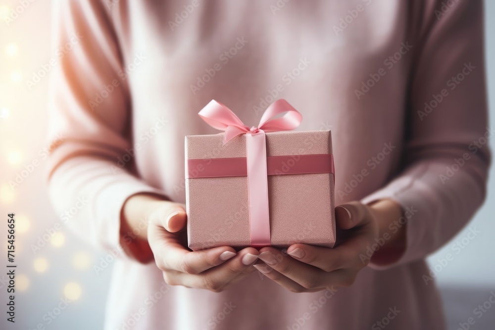 Close-up woman hands holding gift box, present surprise, Festive, celebration, pink, congratulation. Valentine's day. LGBT, homosexual, friends relationship, lesbian couple. Love and care Close-up woman hands holding gift box, present surprise, Festive, celebration, pink, congratulation. Valentine's day. LGBT, homosexual, friends relationship, lesbian couple. Love and care