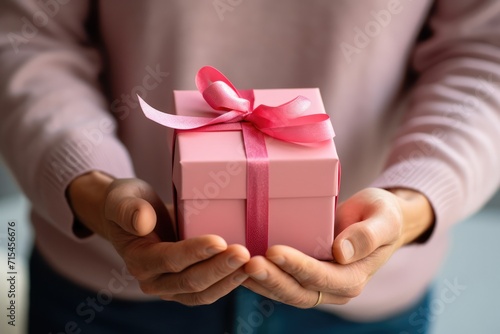 Close-up man hands holding gift box, present surprise, Festive, celebration, pink, congratulation. Valentine's day. LGBT, homosexual, friends relationship, lesbian couple. Love and care © m