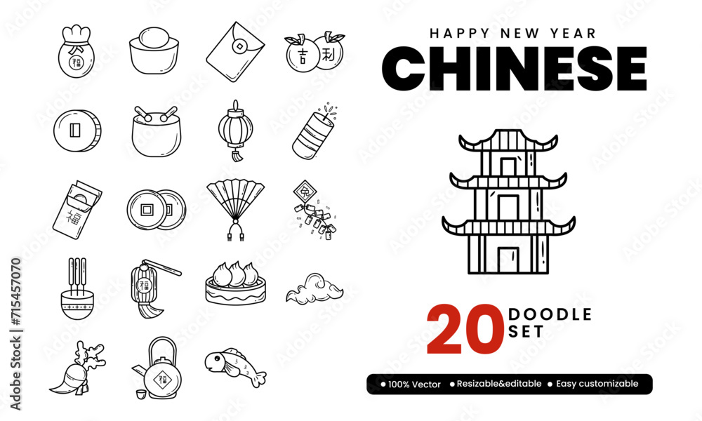 Naklejka premium 20 Bundle set Chinese Happy New Year Doodle Line Style. Vector Illustration