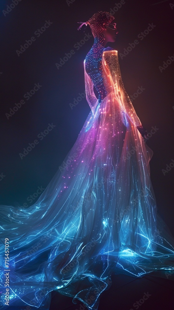An ethereal, luminescent dress adorned with LED lights, casting a soft glow in a darkened studio, showcasing the intersection of technology and fashion.