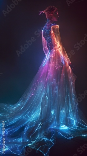 Obraz na płótnie An ethereal, luminescent dress adorned with LED lights, casting a soft glow in a darkened studio, showcasing the intersection of technology and fashion. w salonie