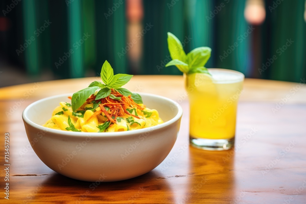 bowl of mac and cheese with basil garnish bowl of mac and cheese with basil garnish