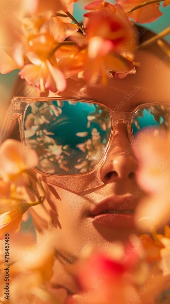 A close-up of a pair of reflective sunglasses surrounded by a surreal arrangement of floating flower petals, blending fashion and nature.