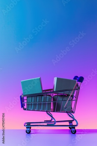 Neon Cyber Monday Shopping: Vertical Trolley with Boxes on Purple Background photo