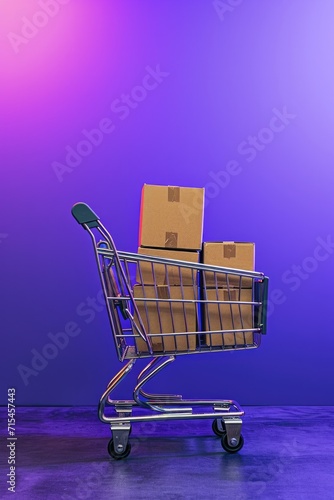 Neon Cyber Shopping: Vertical Image of Trolley with Boxes and Copy Space
