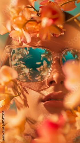 Obraz na płótnie A close-up of a pair of reflective sunglasses surrounded by a surreal arrangement of floating flower petals, blending fashion and nature. w salonie